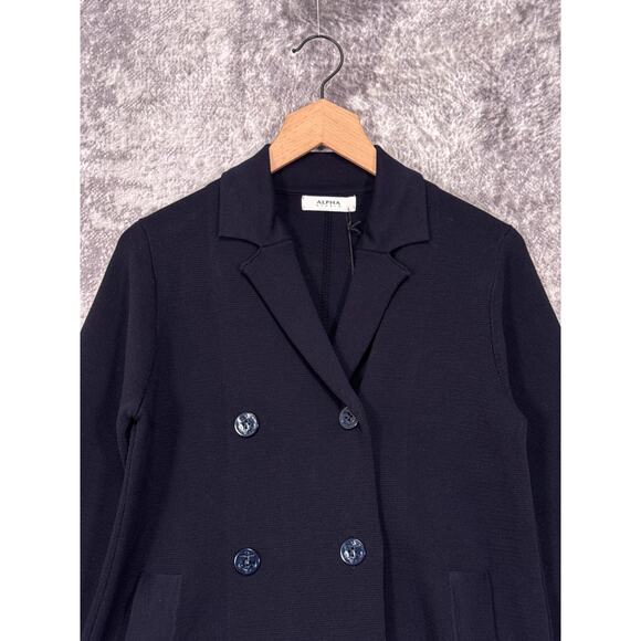 New Alpha Studio Pea Coat 40 / XS Womens Navy Blue Cotton Knit Nautical Stripe - Picture 2 of 8